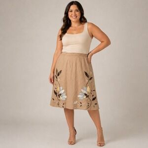 VTG 100% Cotton Tan Cotton Embroidered Floral A-Line Skirt Plus Sz 22W Boho Tan